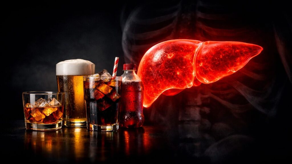 क्या फैटी लिवर सिरोसिस में बदल सकता है? जानिए सच्चाई और बचाव के तरीके 9 Alcohol and sugary drinks affecting liver health image
