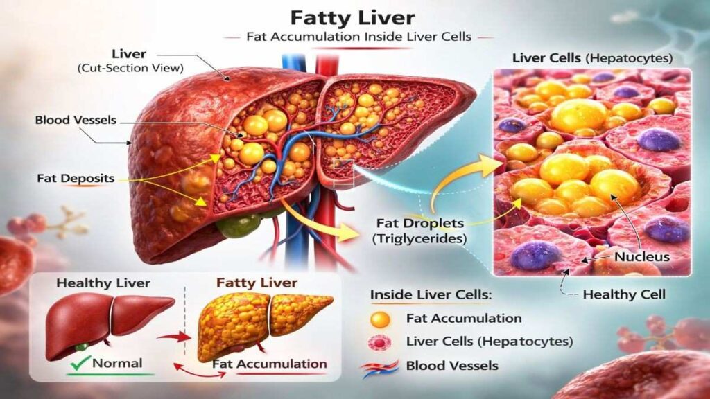 क्या फैटी लिवर सिरोसिस में बदल सकता है? जानिए सच्चाई और बचाव के तरीके 3 Fat accumulation inside liver cells showing fatty liver condition