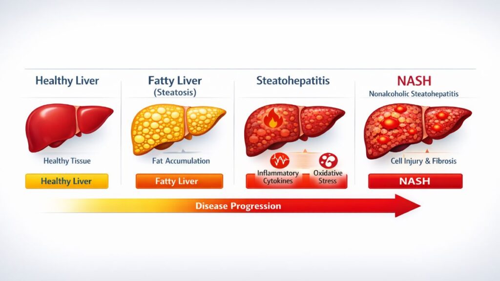 क्या फैटी लिवर सिरोसिस में बदल सकता है? जानिए सच्चाई और बचाव के तरीके 5 Progression stages from fatty liver to NASH inflammation image