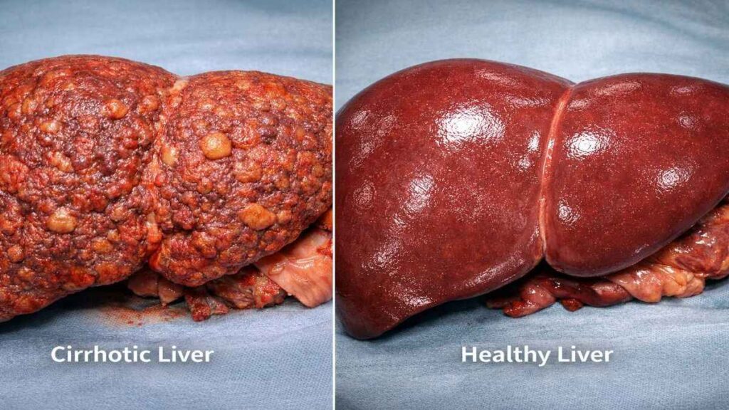 क्या फैटी लिवर सिरोसिस में बदल सकता है? जानिए सच्चाई और बचाव के तरीके 6 Healthy liver vs cirrhosis damaged liver comparison image