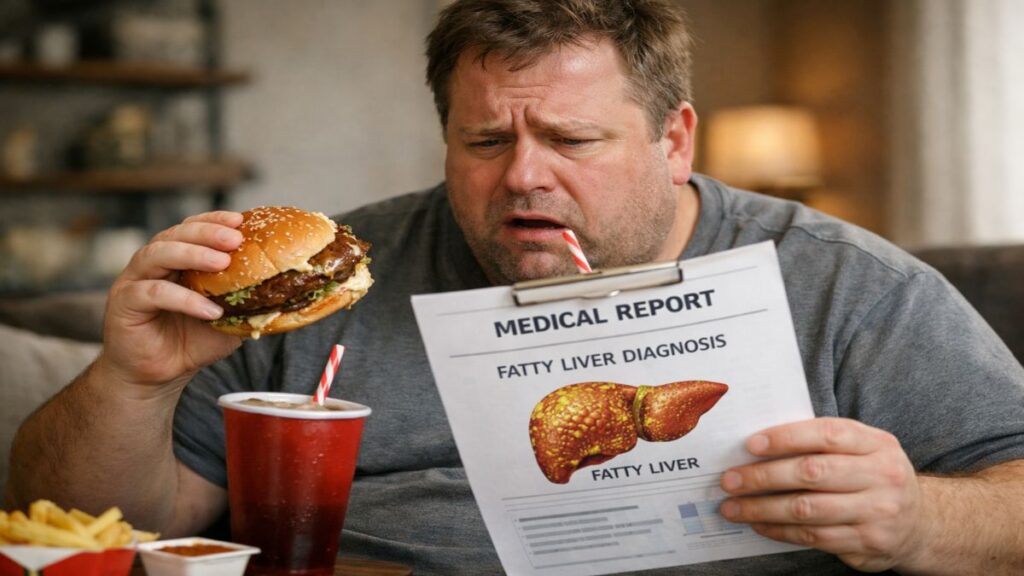 क्या फैटी लिवर सिरोसिस में बदल सकता है? जानिए सच्चाई और बचाव के तरीके 7 Overweight person ignoring fatty liver report while eating junk food