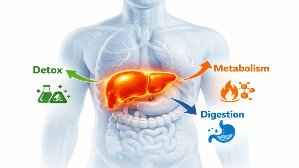 क्या फैटी लिवर सिरोसिस में बदल सकता है? जानिए सच्चाई और बचाव के तरीके 2 Human body anatomy highlighting liver functions like detox and digestion