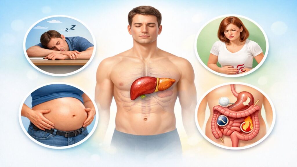 fatty liver early symptoms jaise fatigue belly fat digestion problem