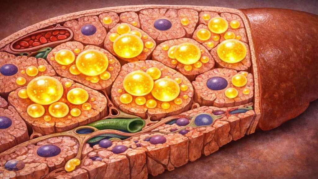 liver cells mein fat accumulation process medical diagram